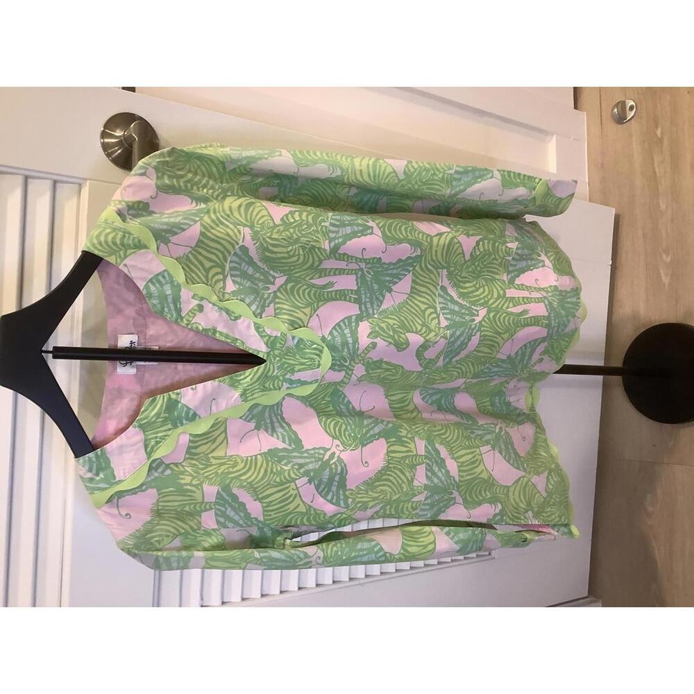 Lilly Pulitzer Pink Green Zebra Scalloped Tunic S Preppy Casual Shirt Top Sleeve